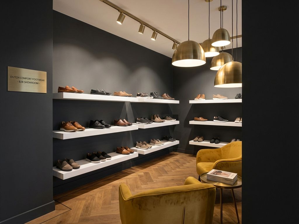 Luxe schoenwinkel showroom met comfortschoenen op witte planken, houten vloer en warme verlichting
