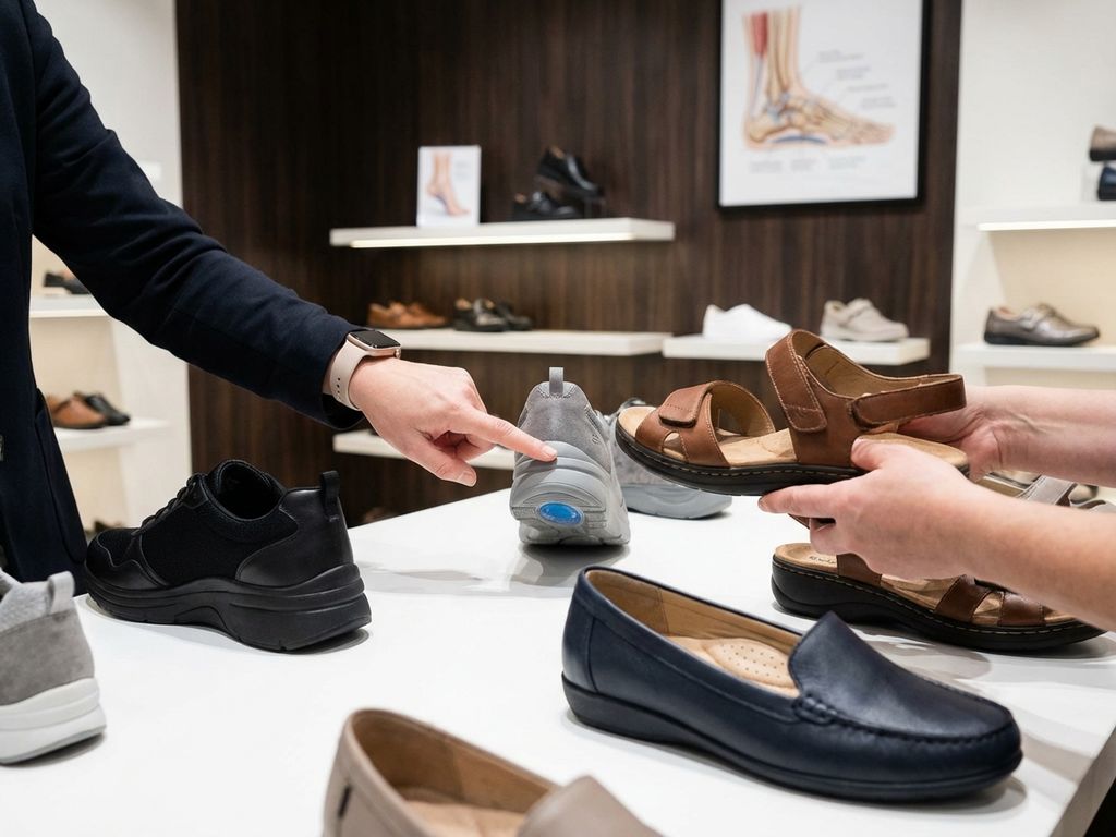 Schoenwinkel adviseur toont comfortschoenen met ondersteuning en demping op witte toonbank in professionele setting