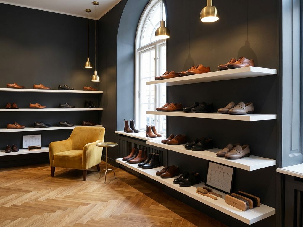 Luxe schoenwinkel interieur met comfort schoenen op witte planken, gele stoel en eiken vloer in moderne Nederlandse stijl