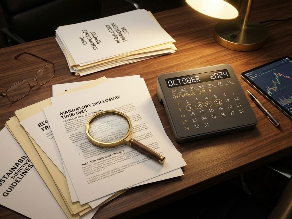 Zakelijke bureautafel met CSRD-nalevingsdocumenten, kalender met deadlines en vergrootglas op donker hout