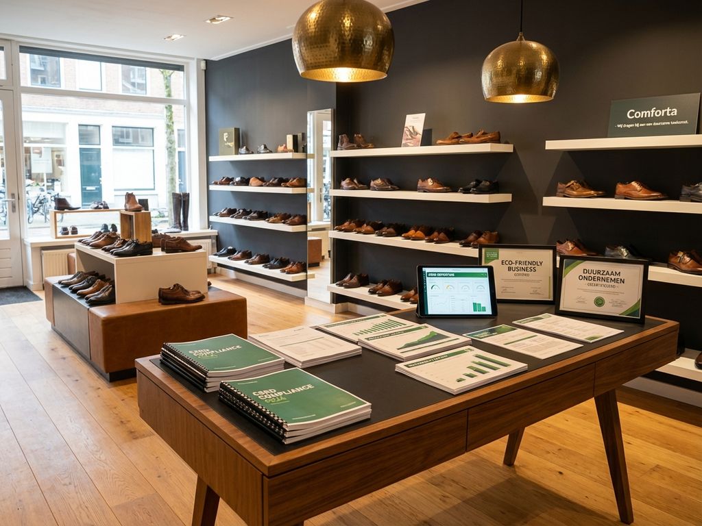 Nederlandse schoenwinkel interieur met duurzaamheidsdocumenten op houten bureau, leren schoenen op planken, warme verlichting