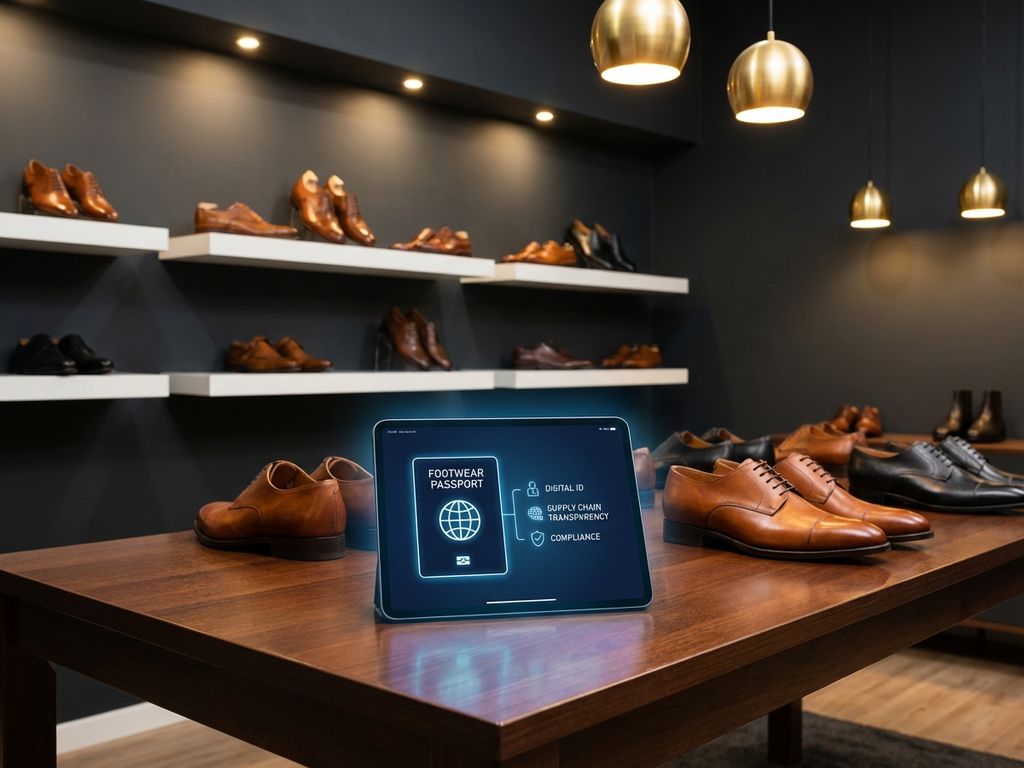 Digitale tablet met gloeiende paspoort-interface op houten tafel in luxe B2B schoenenshowroom met leren schoenen