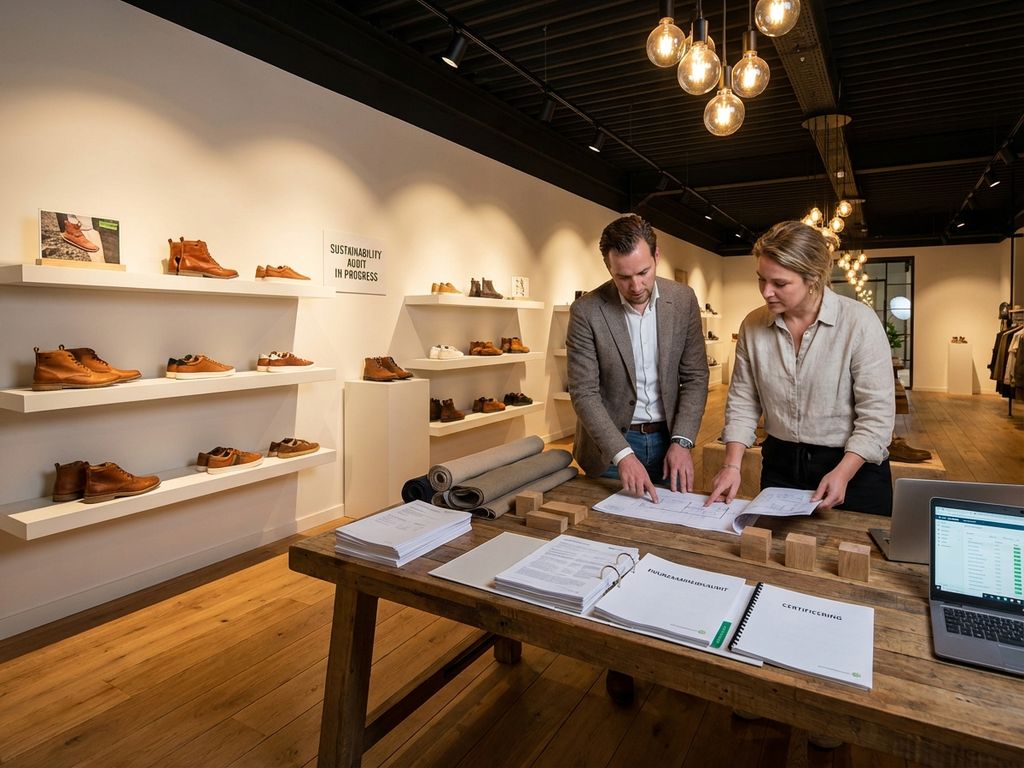 Professionele schoenwinkel showroom met duurzaamheidsaudit documentatie op houten bureau en eco-vriendelijk schoeisel