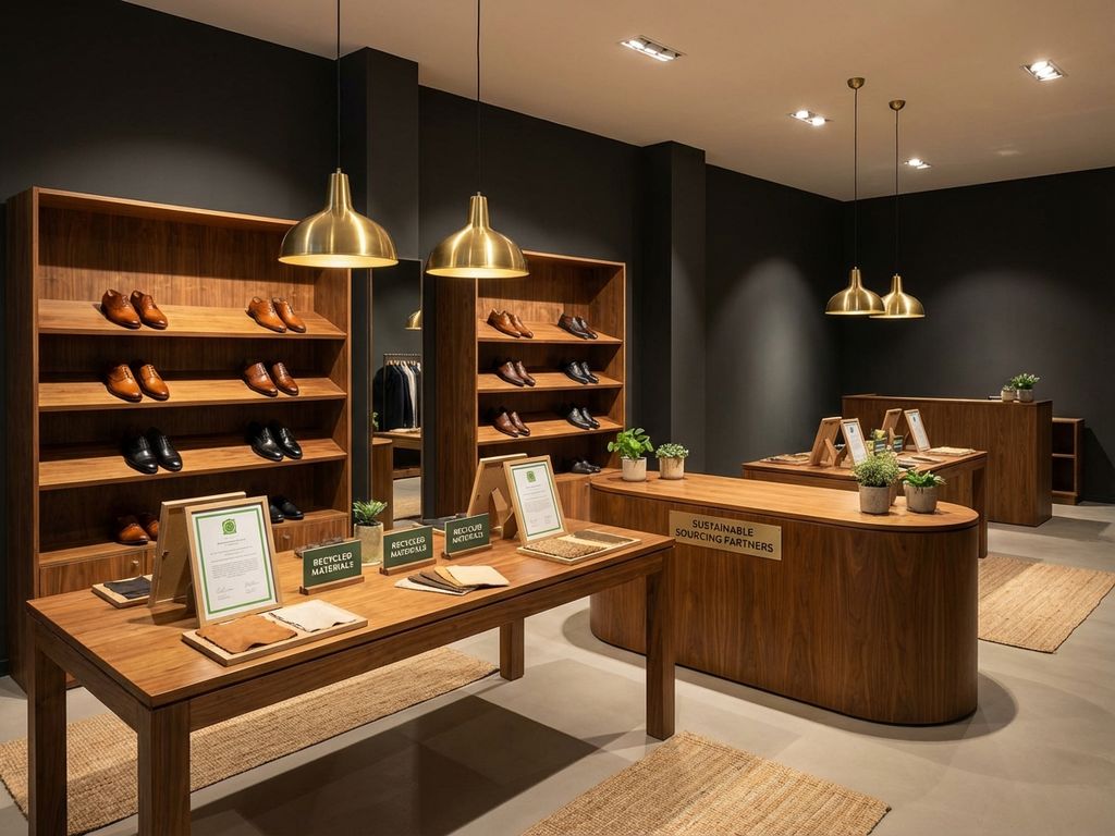 Moderne B2B showroom met duurzame leren schoenen op houten planken, eco-certificaten en warme verlichting