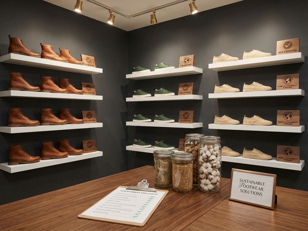 B2B-showroom met duurzame schoenen in aardetinten op witte planken, certificaten en checklist met groene vinkjes