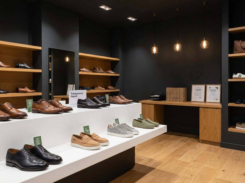 Moderne schoenenwinkel showroom met lederen schoenen op houten planken, duurzaamheidscertificaten en warme verlichting