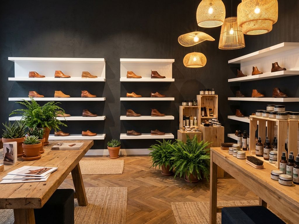 Duurzame B2B schoenenwinkel met leren schoenen in aardetinten op witte planken tegen donkere muren, eiken vloer