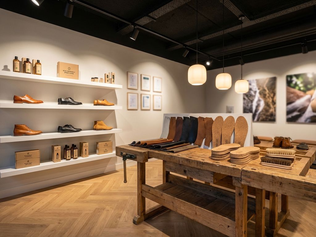 Moderne B2B-showroom met duurzame leren schoenen en milieuvriendelijke materialen op houten werkbank en witte planken.
