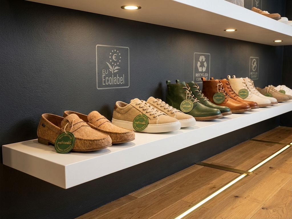 Duurzame schoenen op witte planken in professionele showroom met groene certificeringslabels en natuurlijke materialen