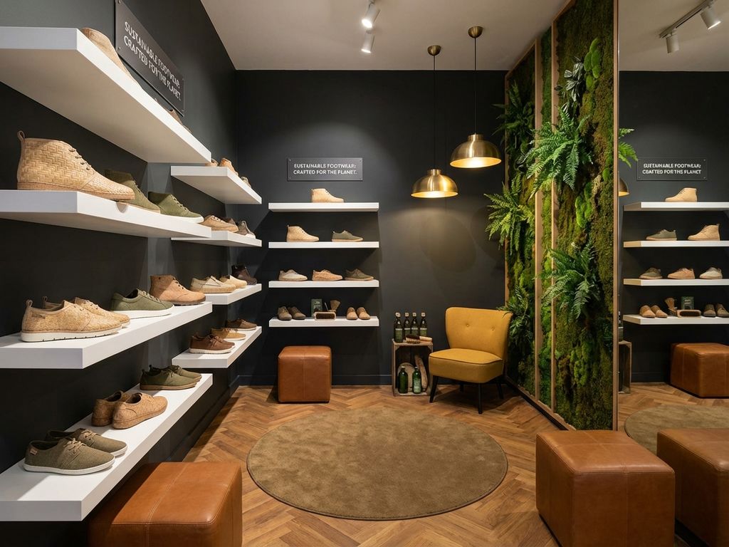 Duurzame schoenwinkel met eco-vriendelijke schoenen op witte planken, houten vloer en warme verlichting