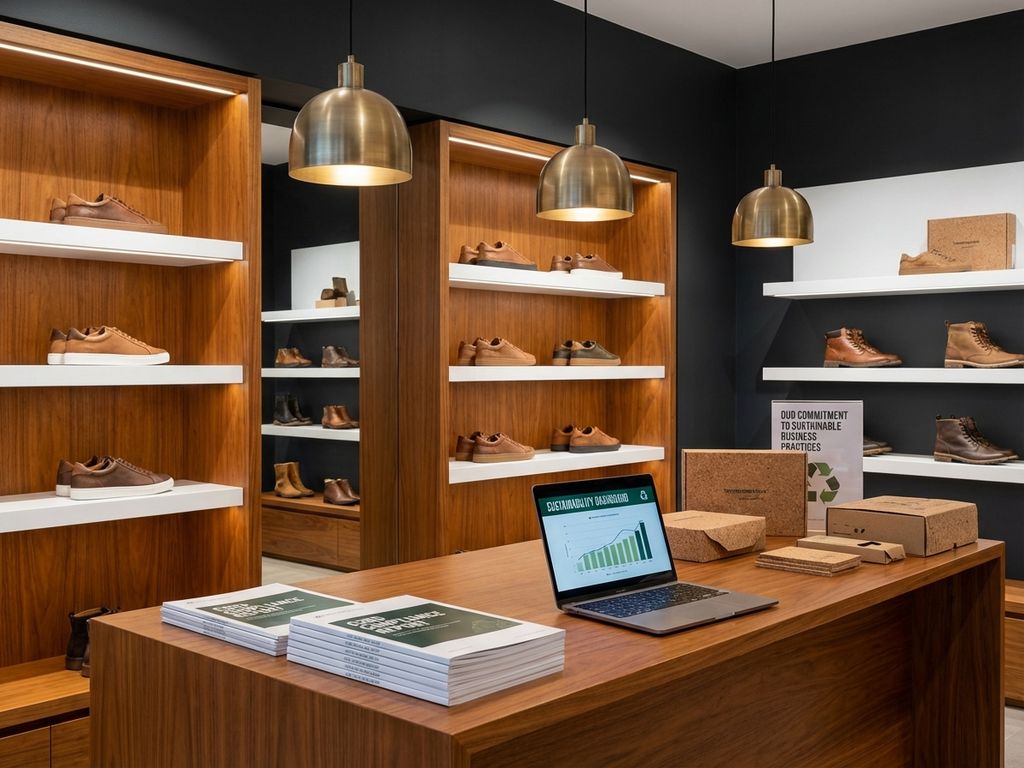 Moderne schoenenwinkel met duurzame praktijken, houten inrichting, eco-vriendelijke schoencollecties en CSRD-documenten op bureau.