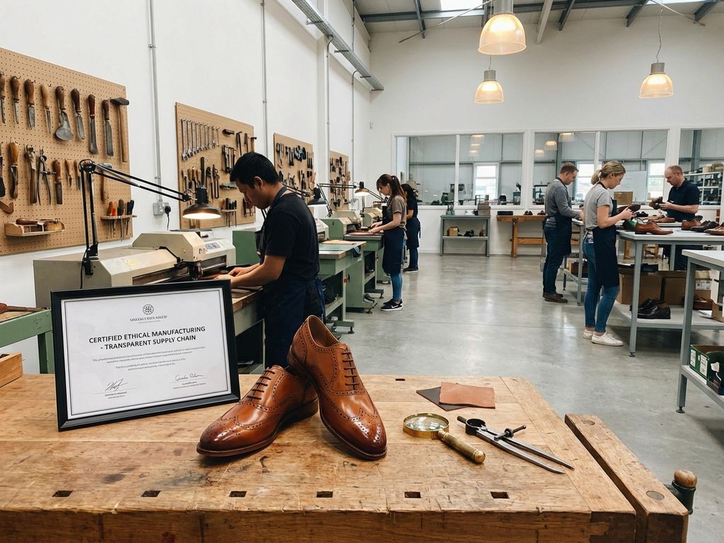Professionele schoenenfabriek met ethische productie, leren schoenen op werkbank met kwaliteitscontrole documenten