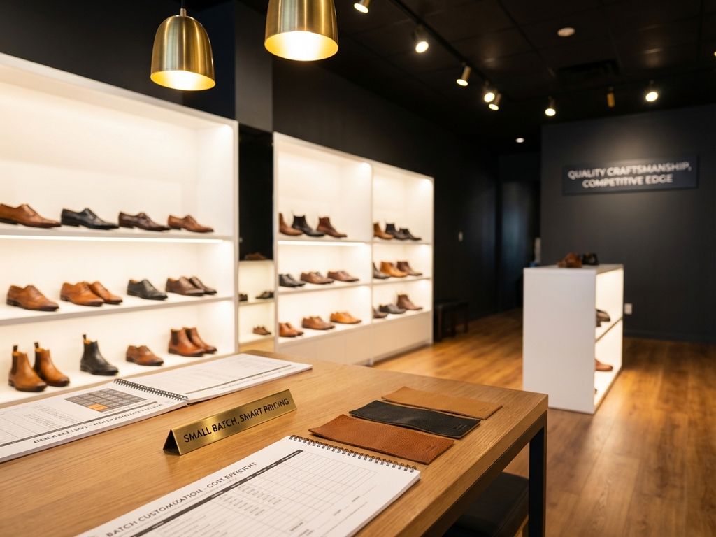 B2B schoenenshowroom met lederen schoenen op witte planken, prijscalculators en orderformulieren op houten werkblad