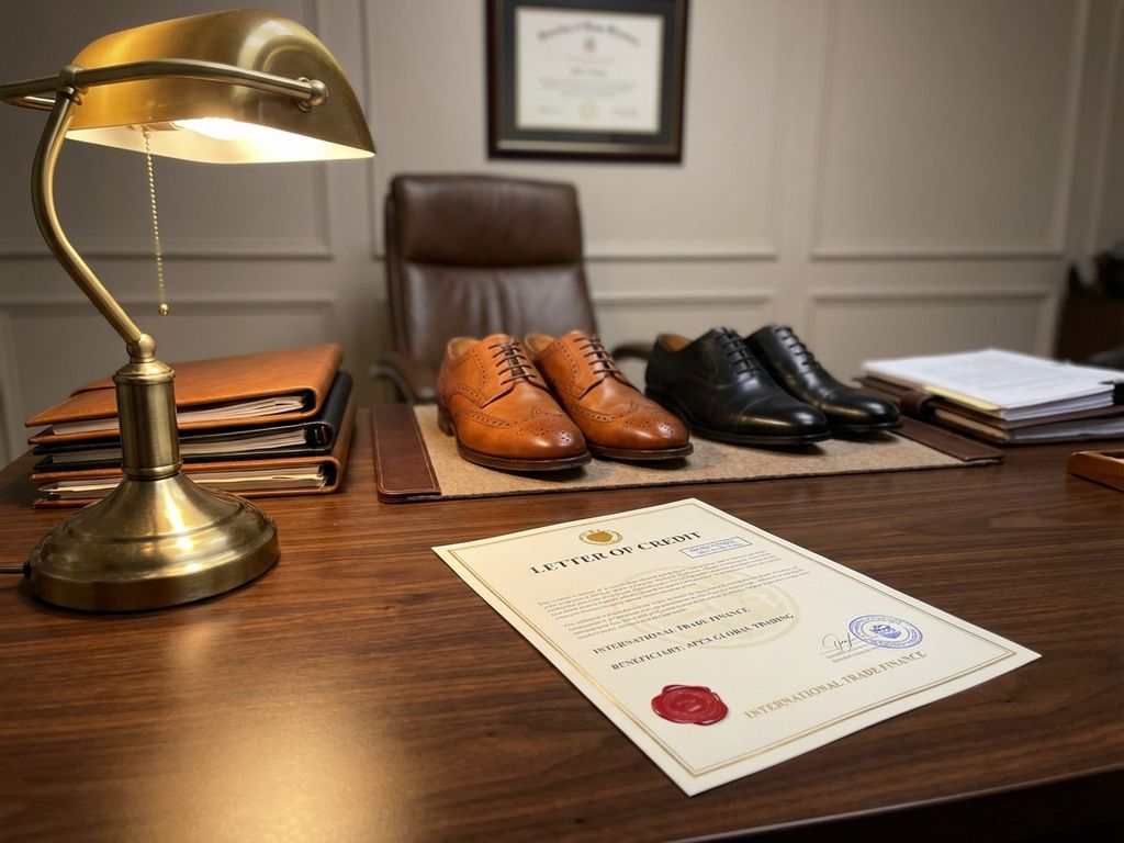 Letter of Credit document op houten bureau met leren contracten en premium schoenenmonsters in zakelijke omgeving
