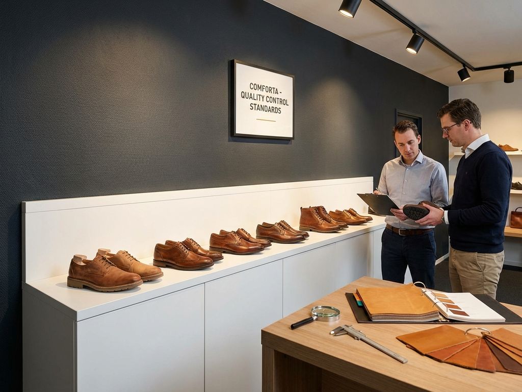 Professionele B2B schoenenshowroom met kwaliteitscontrole, leren schoenen in verschillende productiefases op presentatieplank