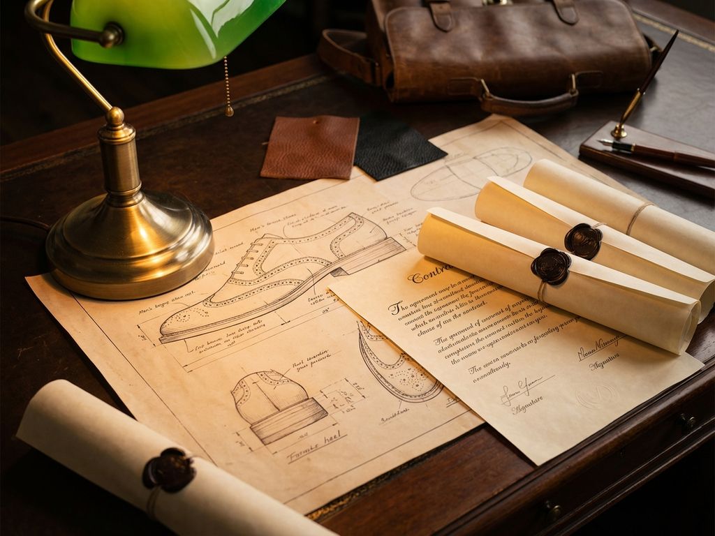 Leren schoen ontwerptekeningen en contracten op donkere houten bureau met vintage messing lamp en leer stalen