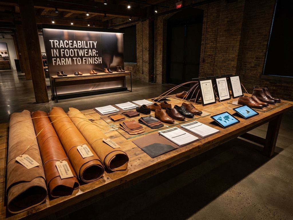 Professionele B2B showroom met leer traceerbaarheid voor schoenenindustrie, leermonsters met certificaten op houten tafel