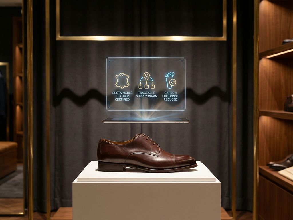Luxe leren herenschoen op witte plank met holografische certificering-interface op tablet in premium showroom