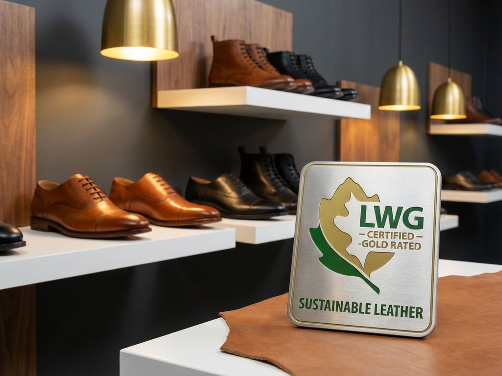 Luxe leren schoenen op witte planken in B2B showroom met LWG duurzaamheidscertificering en gouden verlichting