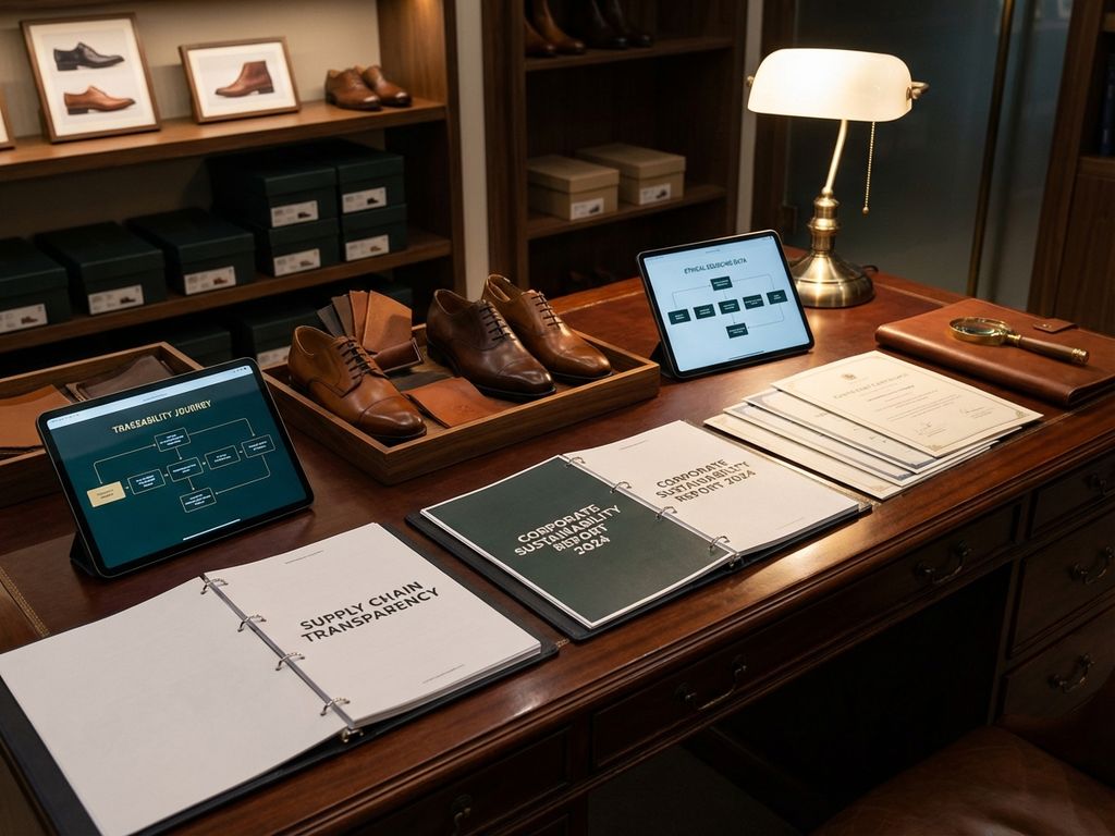 Zakelijk bureau met supply chain documenten, digitale tablets met traceerbaarheidsgrafieken en lederen schoenenmonsters