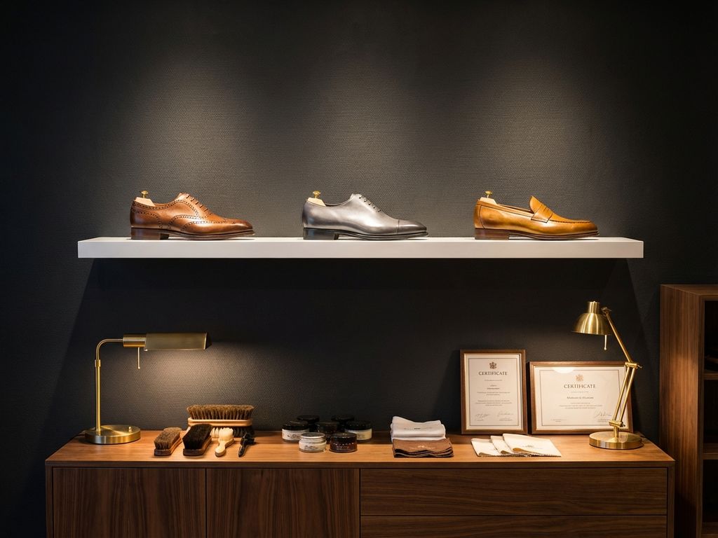 Drie elegante leren schoenen op witte planken in luxe showroom met professionele schoenonderhoud tools op houten oppervlak