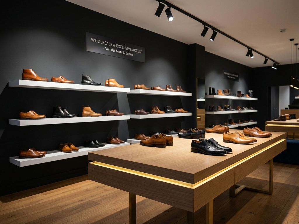 Luxe B2B schoenenwinkel met premium leren schoenen op witte planken, houten presentatietafel en professionele verlichting