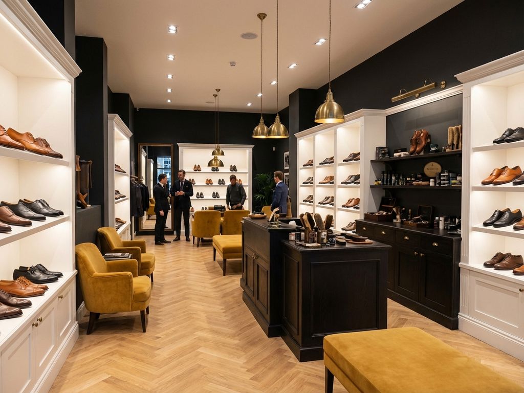 Luxe schoenwinkel interieur met leren schoenen op witte planken, gele zithoeken en professionele schoenonderhoud station