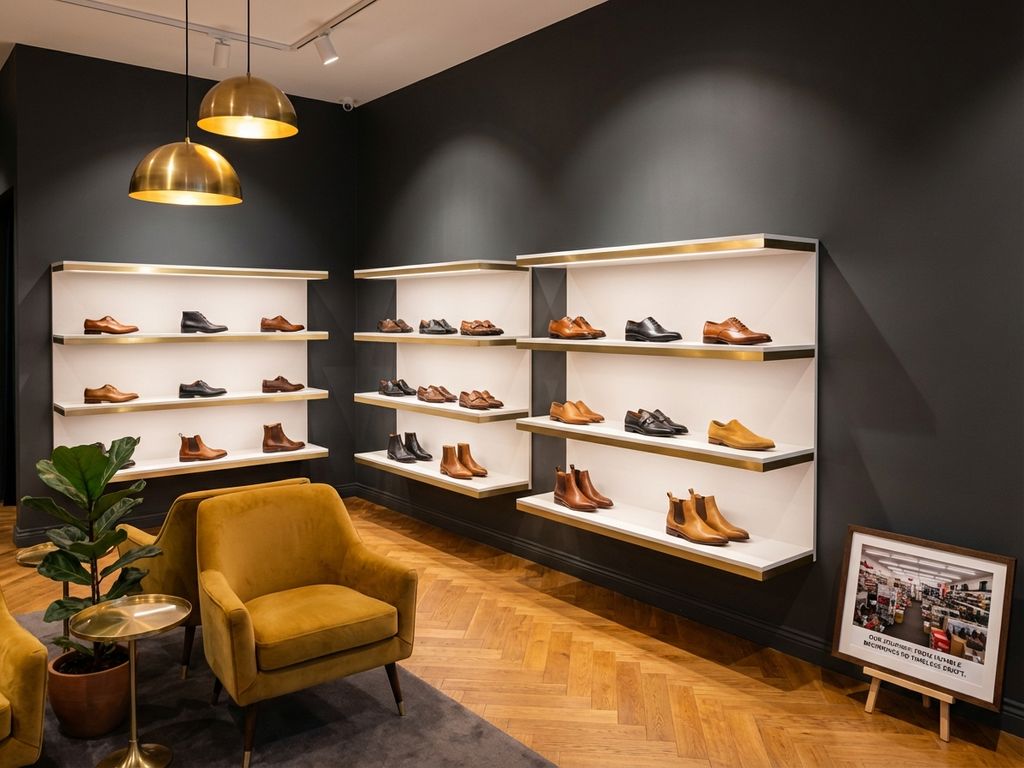 Luxe schoenwinkel interieur met leren schoenen op witte planken, gele fluwelen stoel en warme verlichting