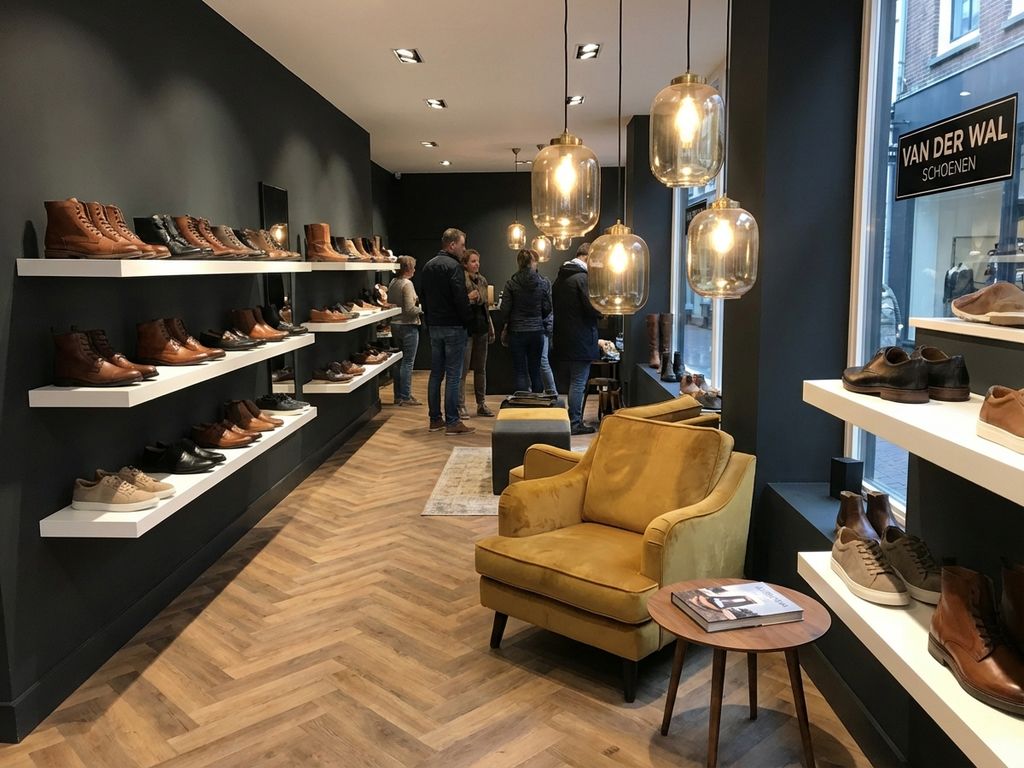 Moderne Nederlandse schoenenwinkel met leren schoenen op witte planken, warme houten vloer en gele fauteuil