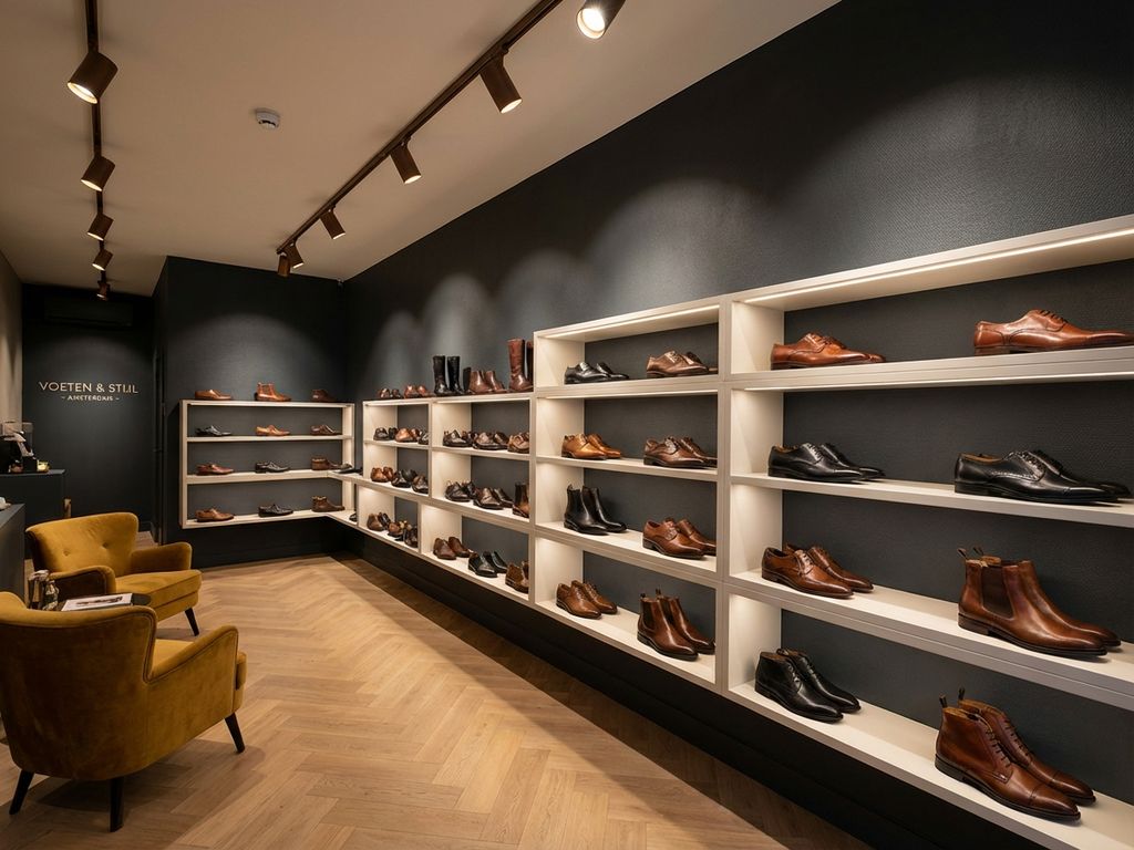 Moderne Nederlandse schoenwinkel met premium leren schoenen op witte planken tegen donkere muren, eiken vloer en gele stoelen