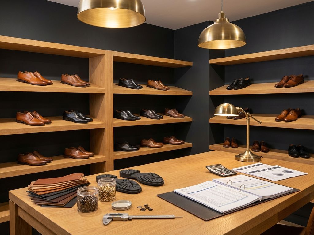 B2B schoenenproductie showroom met leren schoenen, materiaalstalen en kostencalculatie op houten werkblad