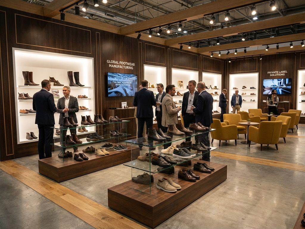 Moderne B2B schoenenhandelsbeurs met luxe leren laarzen en schoenen op witte displays in professionele tentoonstellingshal