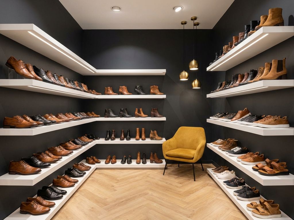 Professionele B2B schoenenwinkel met diverse privélabel schoenen op witte planken tegen donkere muren met warme verlichting