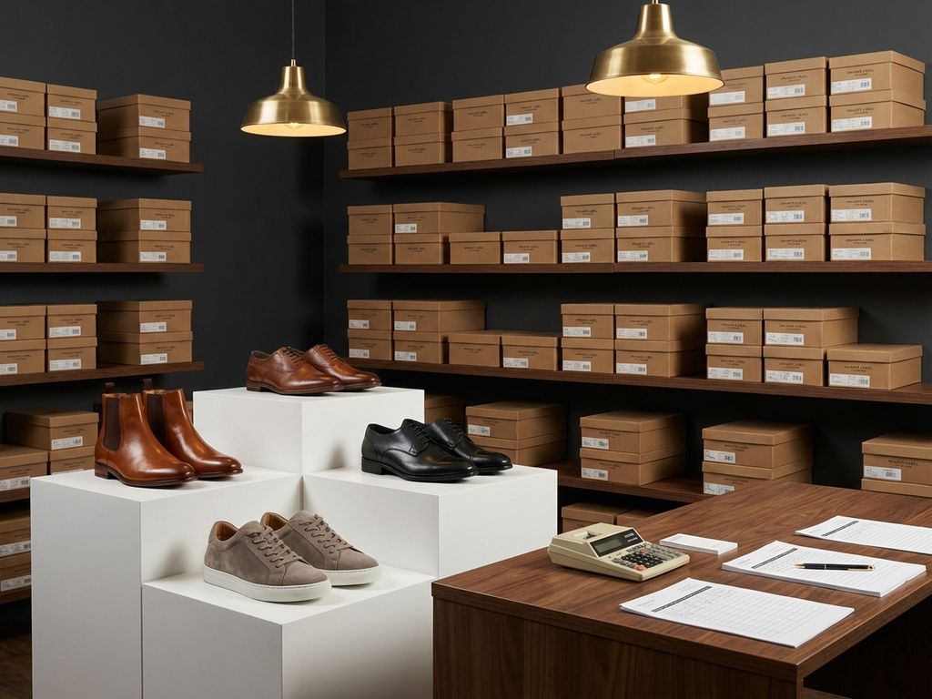Professionele B2B schoenenshowroom met privélabel schoenendozen op donkere planken en voorbeeldschoenen op witte displays