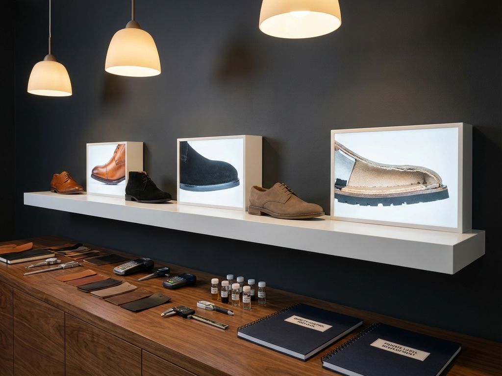 Professionele B2B showroom met prototype schoenen in cognac, zwart en taupe naast kwaliteitstest materialen op houten oppervlak.