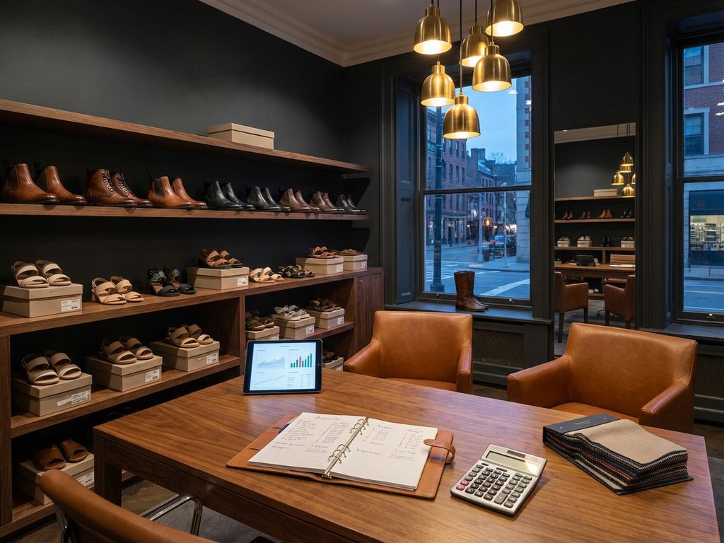 Professionele schoenenwinkel showroom met seizoensgebonden collecties op houten planken en retailplanningsbureau