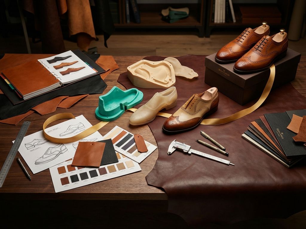 Professionele schoenontwerp studio van bovenaf met leren prototypes in verschillende ontwikkelingsfasen op houten bureau