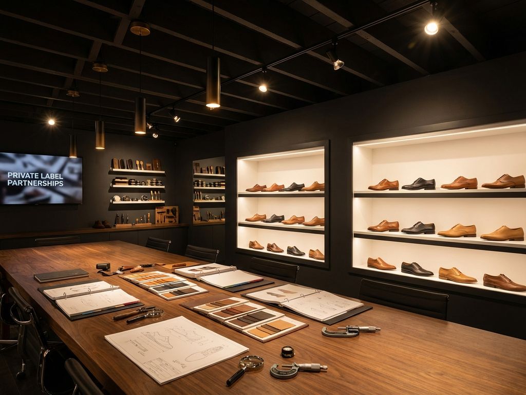 B2B schoenenproductie showroom met leren prototypes op witte planken, conferentietafel met materiaalstalen en gereedschap