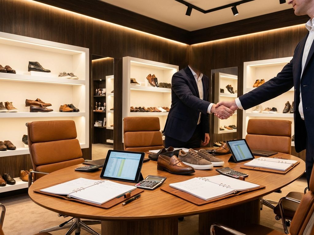 Professionele B2B schoenenshowroom met conferentietafel, financiële documenten, schoenenmonsters en moderne displays