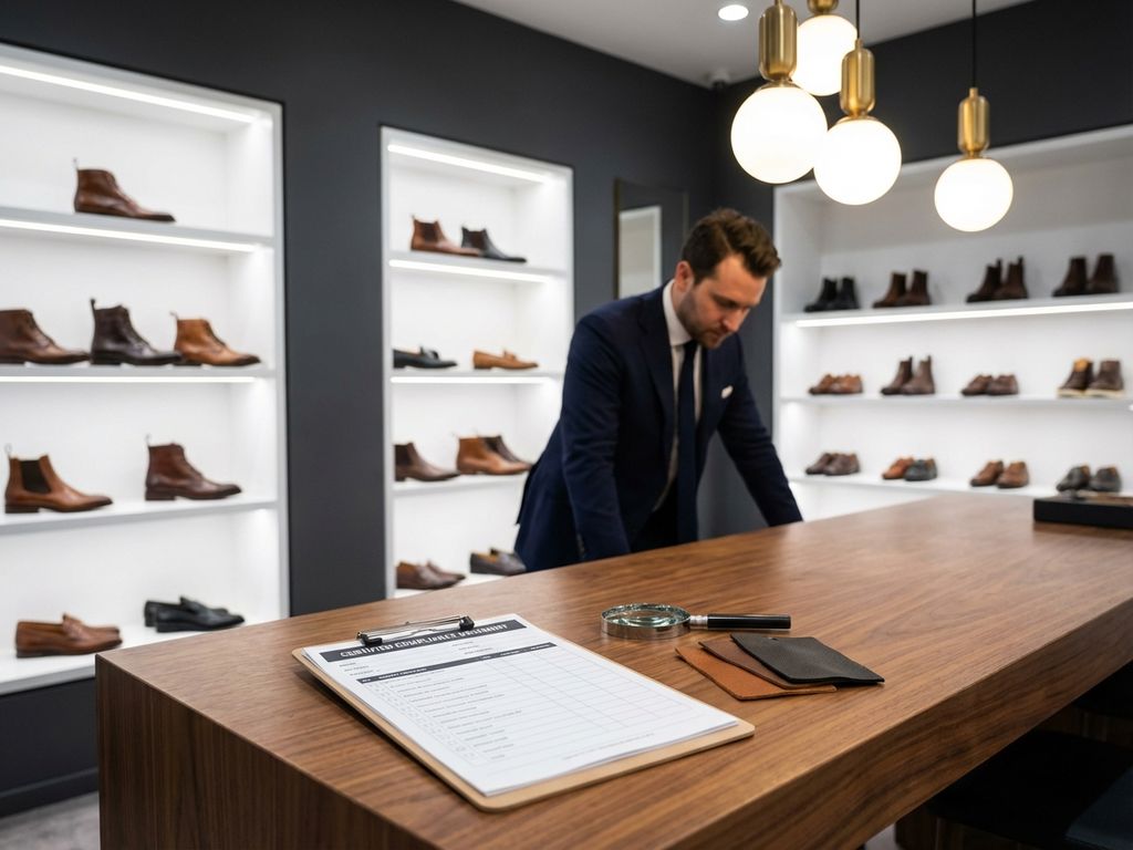 Professionele B2B schoenindustrie audit in moderne showroom met leren schoenen, certificeringsdocumenten en kwaliteitscontrole