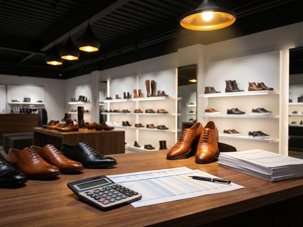 Professionele schoenenwinkel met calculator, spreadsheets en leren schoenmonsters op houten bureau voor kostenanalyse
