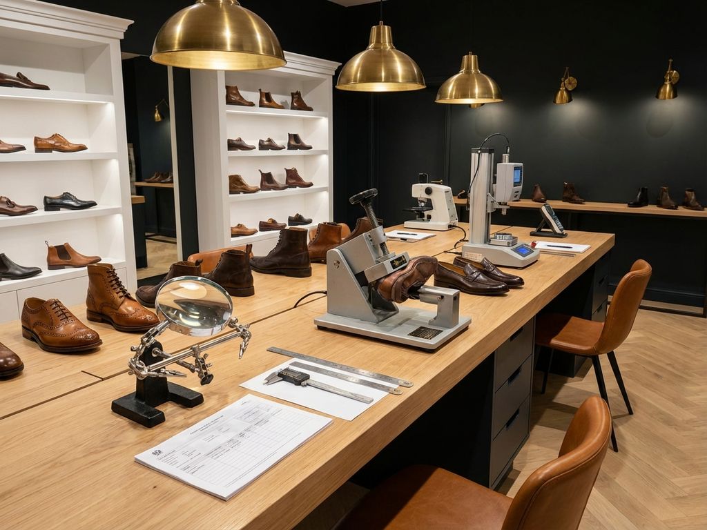 Professionele schoenenkwaliteitstest in B2B-showroom met leren schoenen, testapparatuur en vakmanschap op houten werkbank