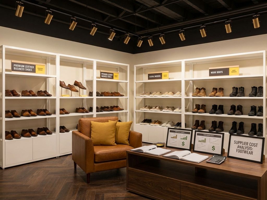 Professionele B2B schoenenshowroom met kostenvergelijking tussen leveranciers, displayplanken met zakelijke schoenen en prijsanalyse