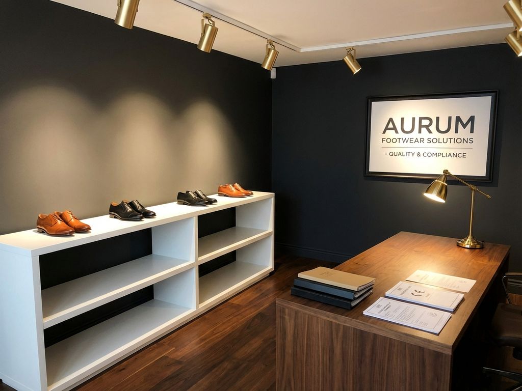 Professionele B2B schoenenwinkel met leren schoenen op witte planken, EU-compliance documenten en warme verlichting