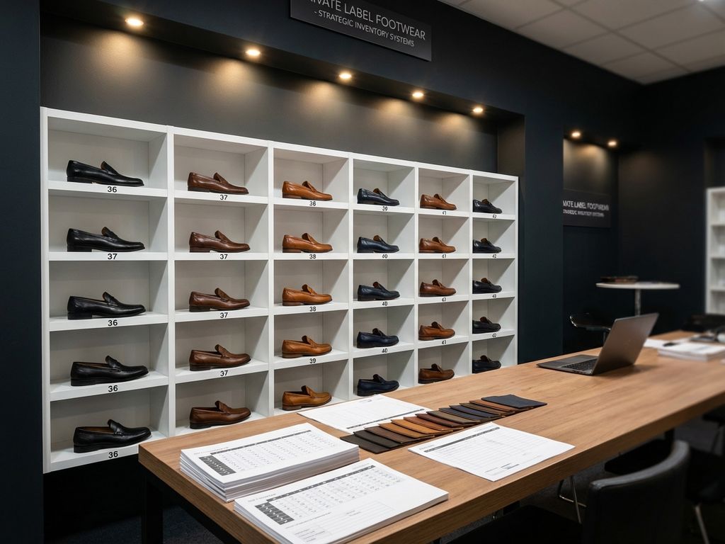 Professionele B2B schoenenwinkel met georganiseerde maat- en kleurverdeling op witte planken, houten overlegtafel