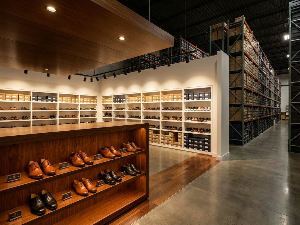 B2B schoenenshowroom toont schaalvergroting van kleine elegante houten display naar uitgestrekte magazijnstelling met duizenden schoenen