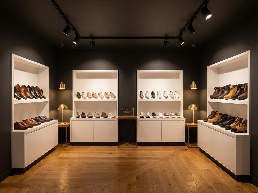 Moderne B2B schoenenshowroom met diverse schoencategorieën op witte planken tegen donkere muren met spotverlichting