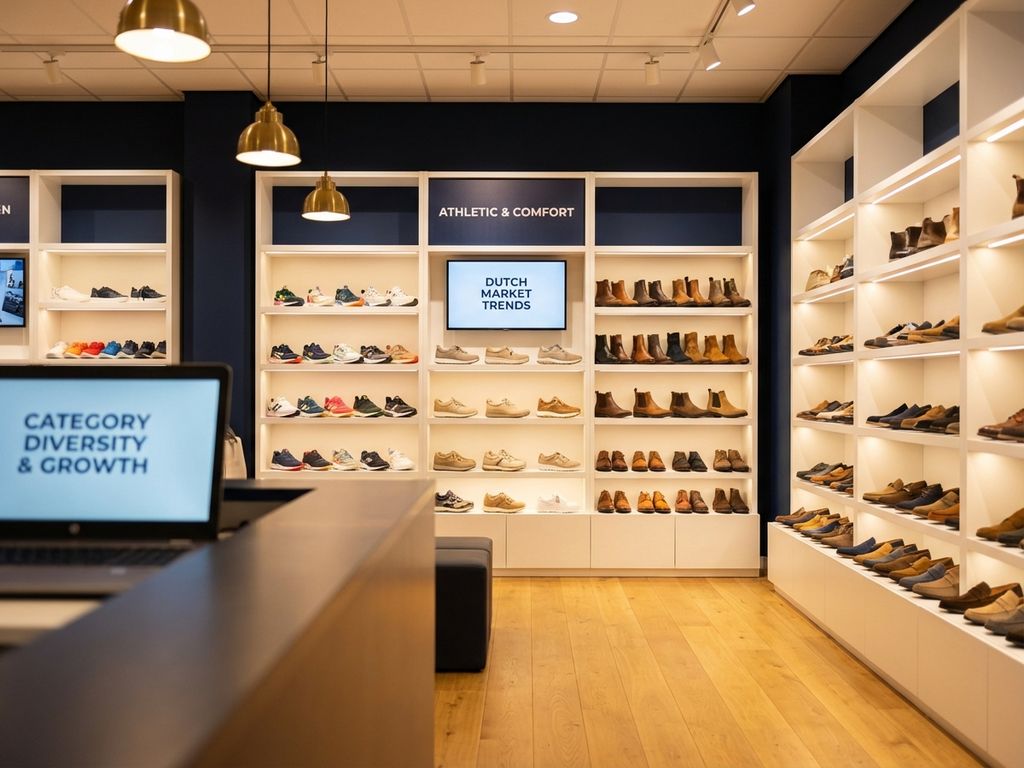 Professionele schoenenshowroom met diverse categorieën sneakers, wandelschoenen en laarzen op witte planken