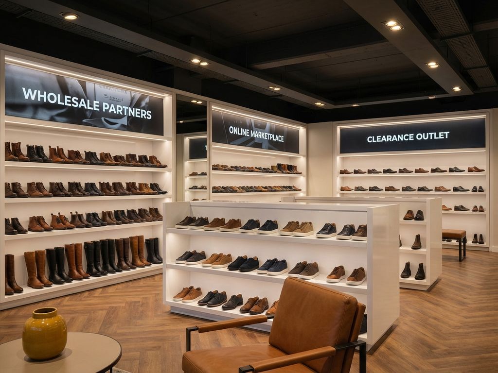 Professionele B2B schoenenwinkel showroom met georganiseerde voorraaddisplays op witte planken onder warme verlichting