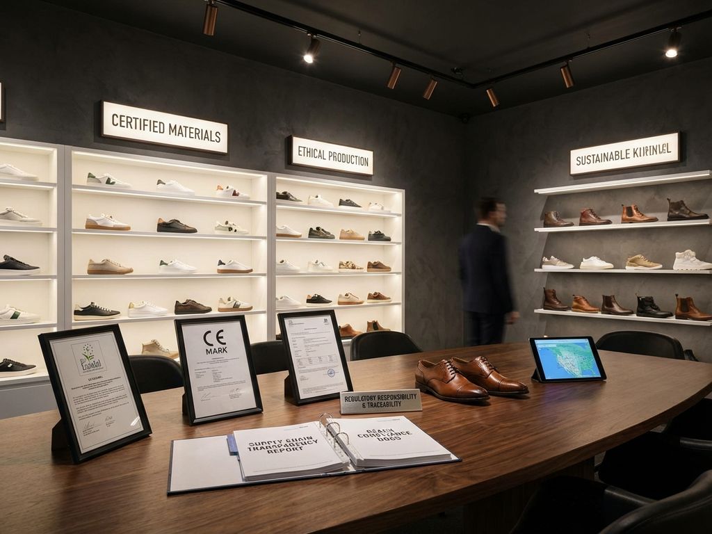 Moderne schoenenwinkel met EU-certificeringsdocumenten op houten tafel en georganiseerde schoenendisplays op achtergrond